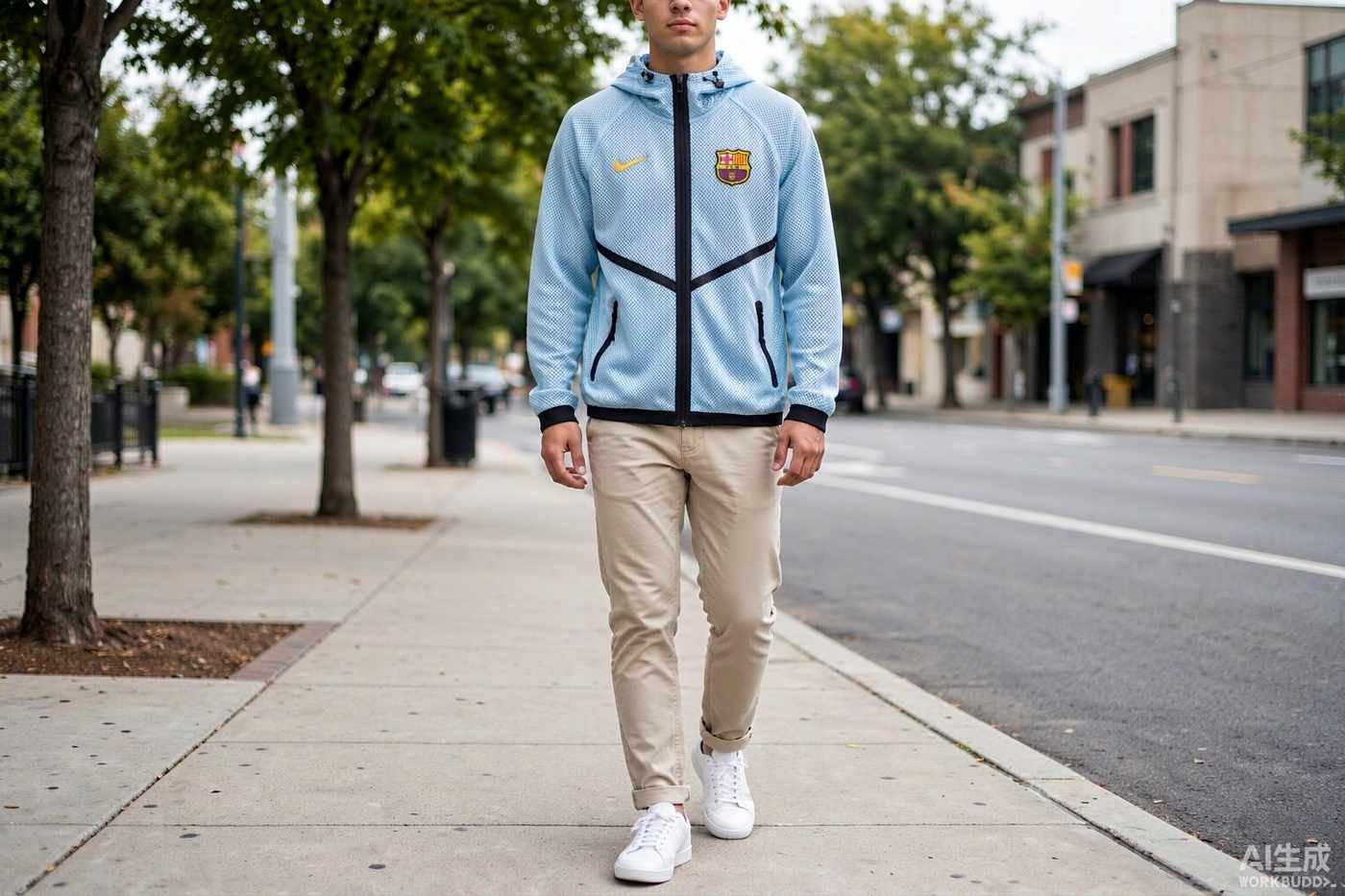 2026 Barcelona Light Blue Pre-Match Top styled casually with jeans — outfit inspiration