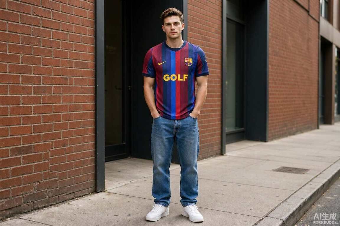 2026/27 Barcelona Shirt styled casually with jeans — outfit inspiration
